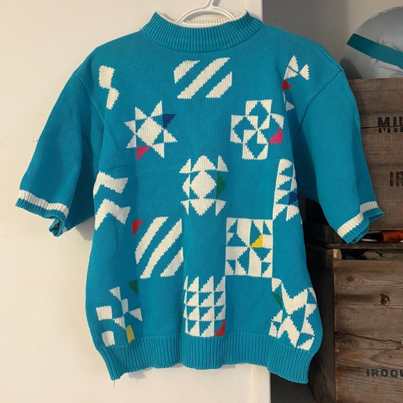 Vintage Sweaters - Vintage 80s Bay Club Teal Geometric Mockneck Short Sleeve Sweater Size Large